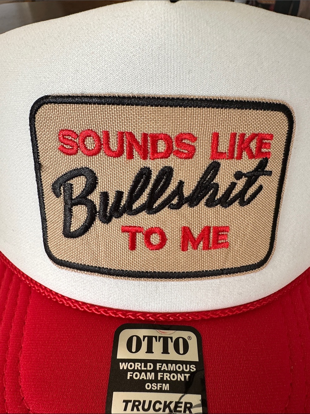 OTTO Red & White Trucker Hat with 'Sounds Like Bullshit To Me' Patch. NWT - Picture 3 of 8